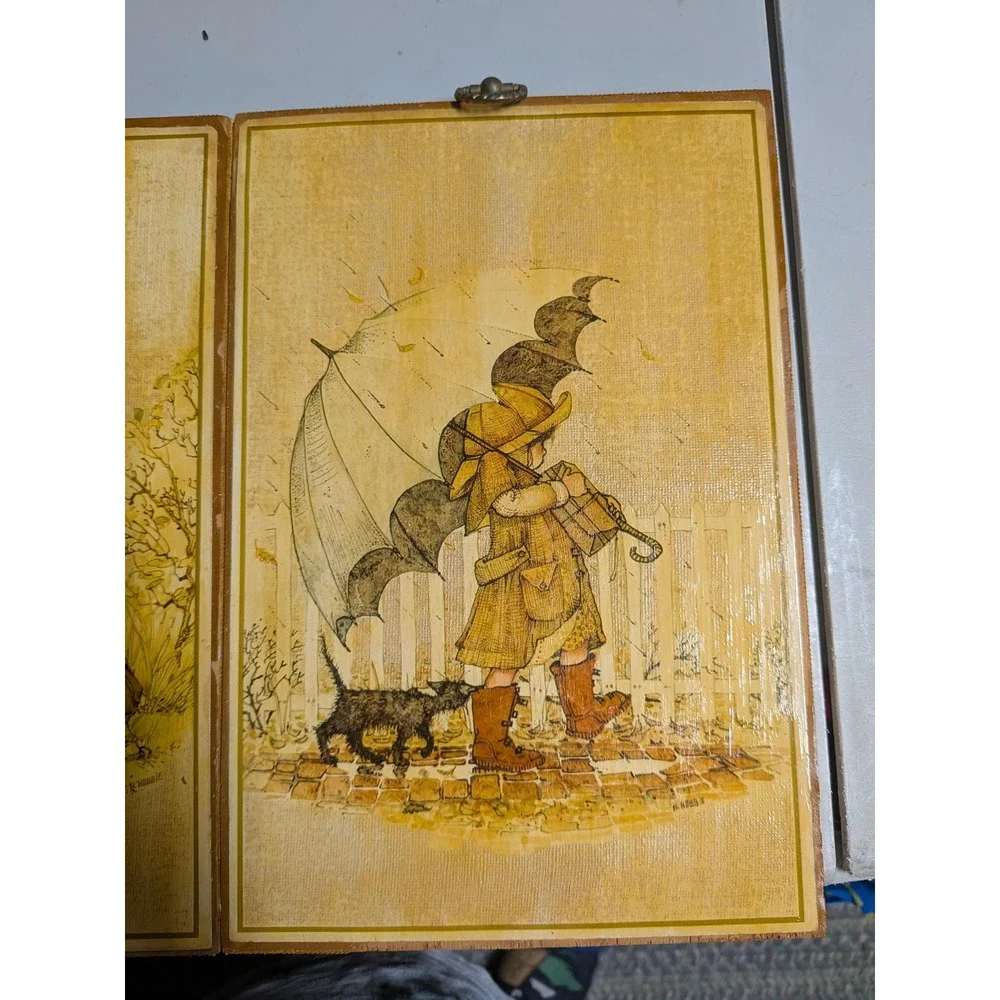 Vintage Holly Hobbie Wooden Plaques Set of 2 1970s Children Wall Art Yellow